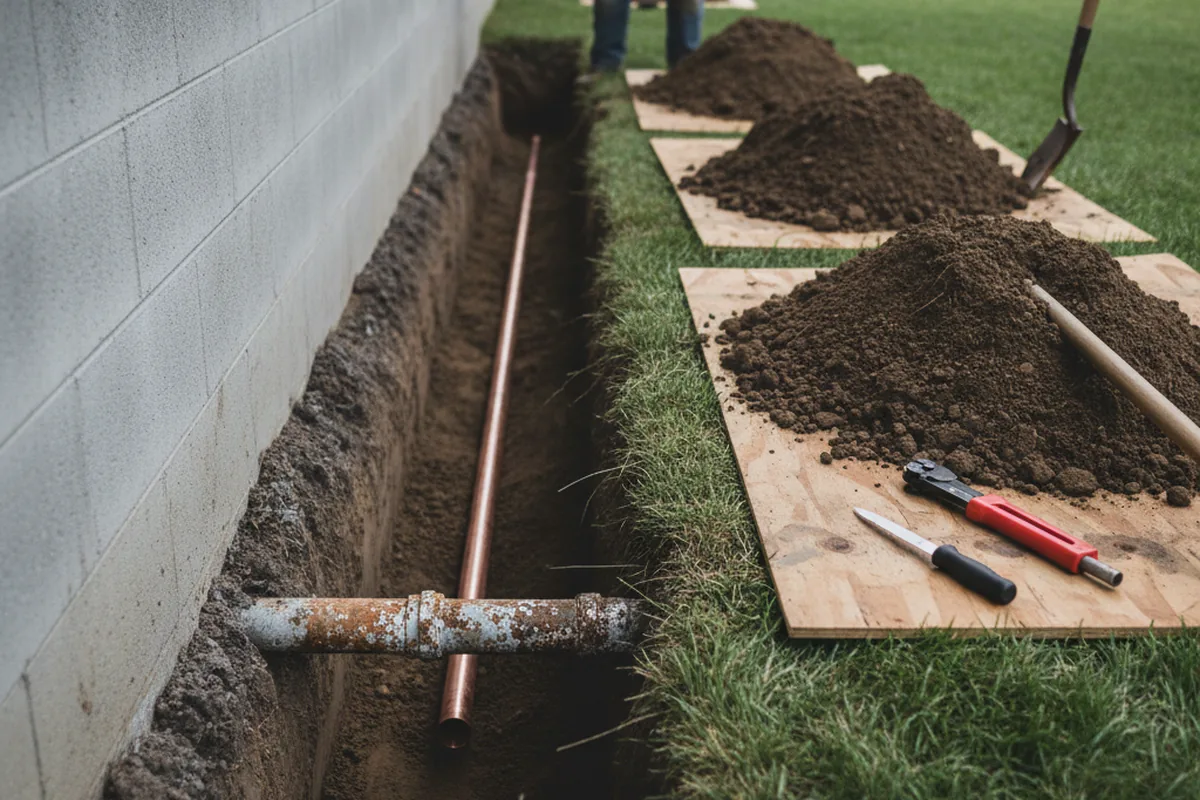 Excavated water line trench during Water Heater Repair in Oldwick